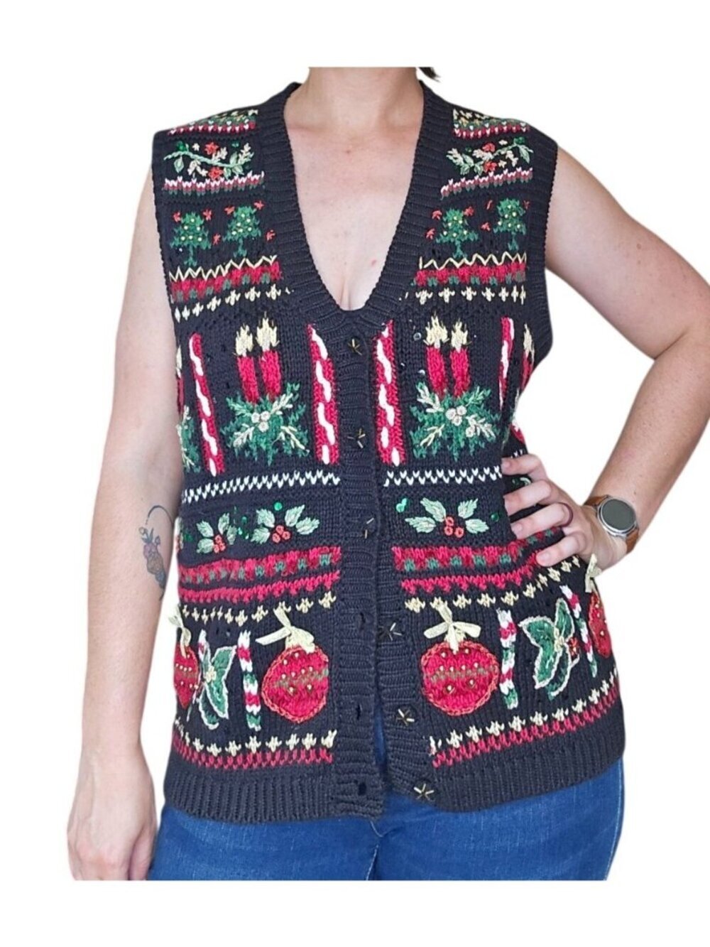 Vintage Tiara International Christmas Holiday Knit Sweater Vest Womens Size L